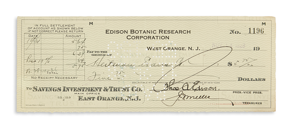 EDISON, THOMAS A. Partly-printed Check Signed, ThosAEdison, as Edison Botanic Research Corporation President,